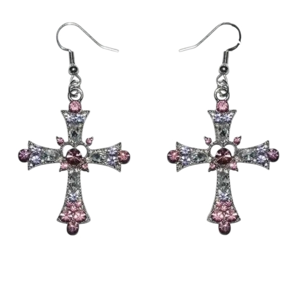 NEW Pink & Clear Rhinestones Cross dangle earrings - Picture 3 of 9